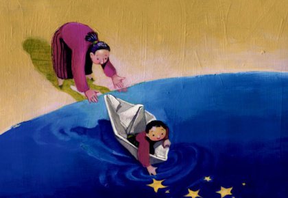 Mutter setzt Kind in ein Boot, damit es Sterne sammeln kann