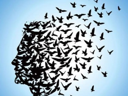 Gedanken werden frei, wie Vögel, die aus einem Kopf fliegen