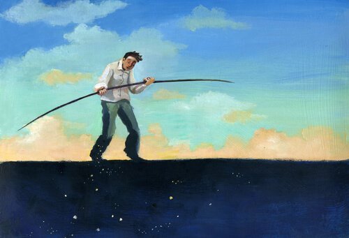 Gemaltes Bild, Mann mit Stab