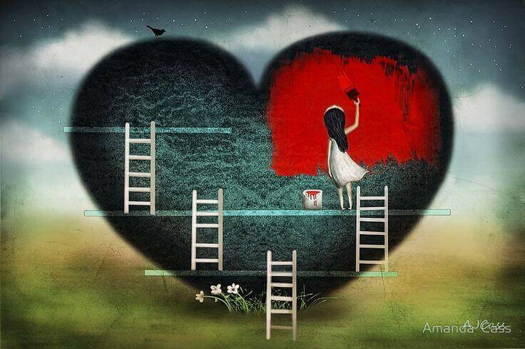 Maedchen malt Herz rot an