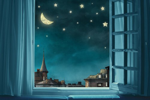Nachtszene 2 Fenster mit Sternenhimmel