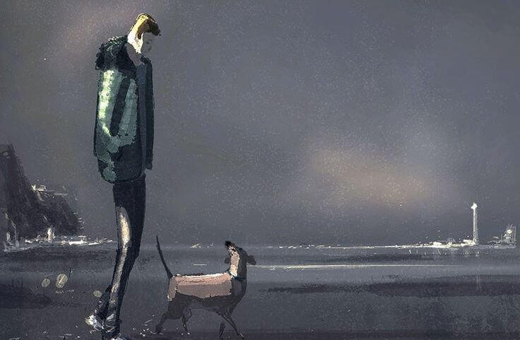 Mann-spaziert-mit-Hund