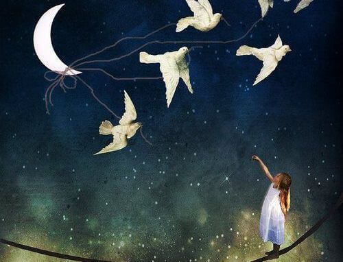 Maedchen mit Voegeln und Mond