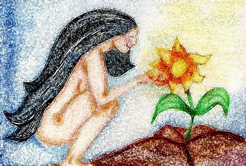 Frau streichelt Blume