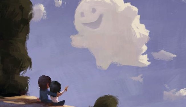 Kinder-sehen-heitere-Wolke