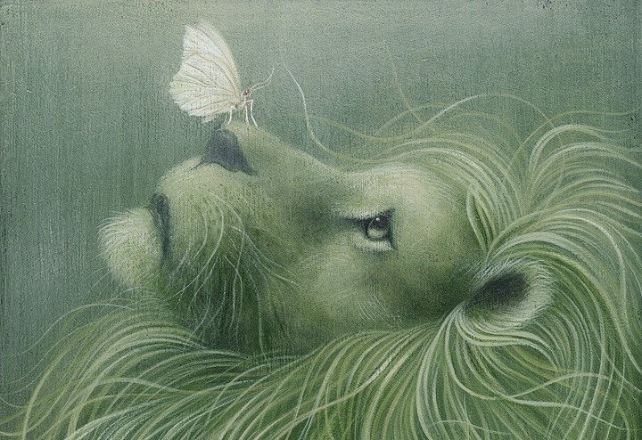 Loewe mit Schmetterling