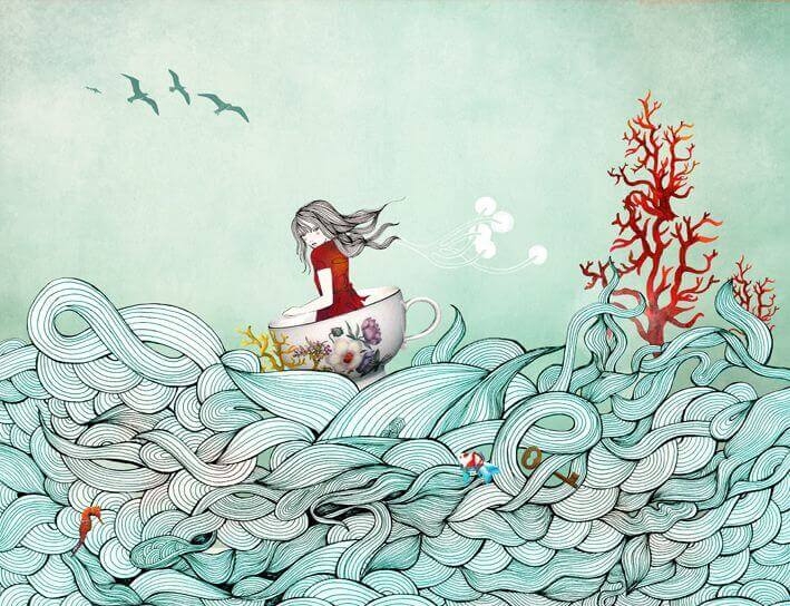 Maedchen surft in Tasse auf dem Meer