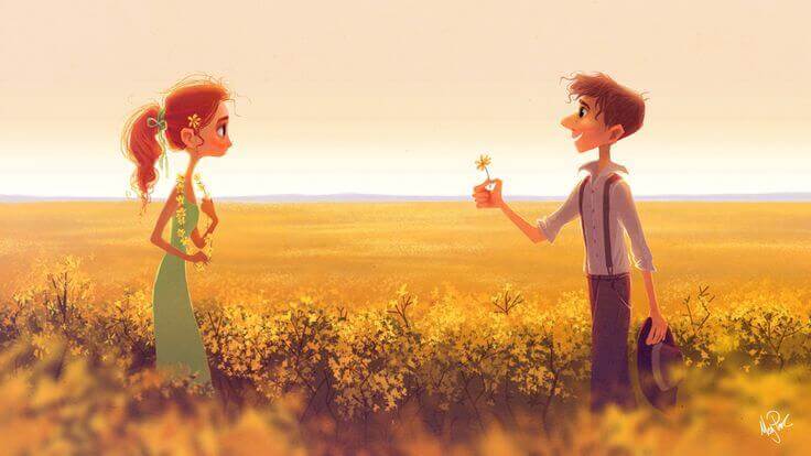 Mann-gibt-einer-Frau-eine-Blume