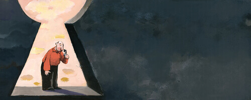 Mann mit Schuessel in der Hand