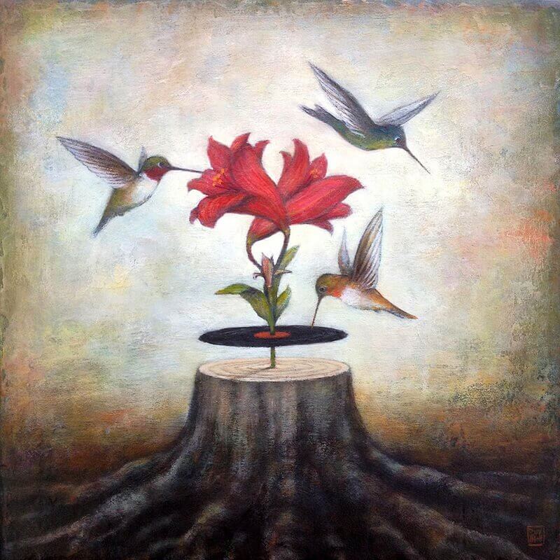 Voegel-fliegen-um-Blume-herum