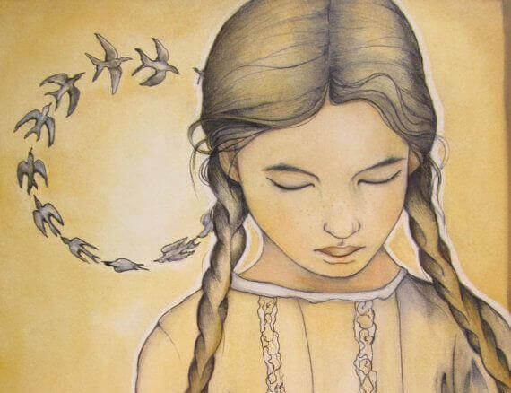 Maedchen-mit-voegeln-die-im-kreis-fliegen