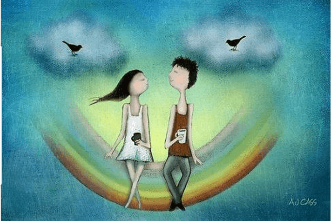 Paar sitzt auf Regenbogen