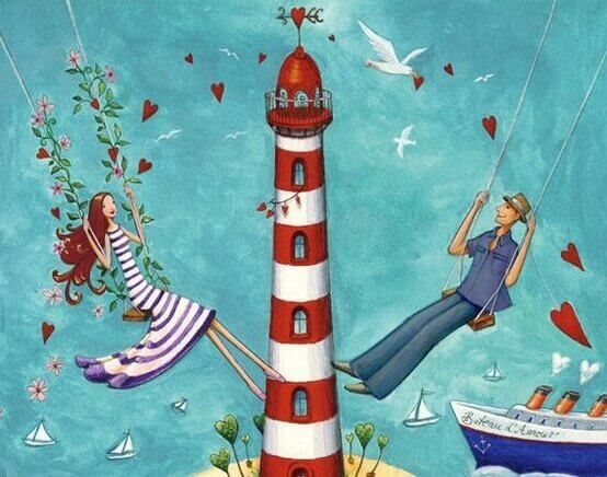 Paar genießt Leben auf der Schaukel neben einem Leuchtturm