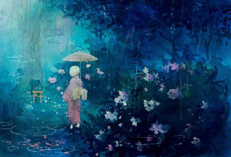 Mensch geht mit aufgespanntem Schirm durch den Regen