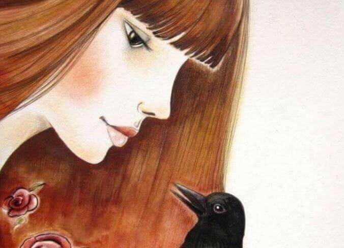 Frau spricht mit Vogel