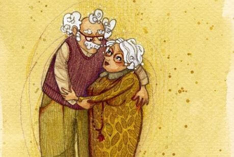 Großeltern umarmen sich
