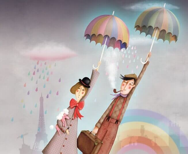 Pärchen fliegt unterm Regenschirm der Sonne entgegen