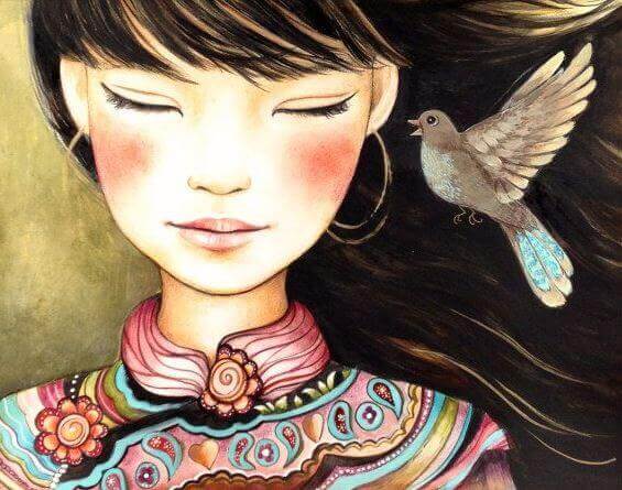 Asiatische Frau mit Taube