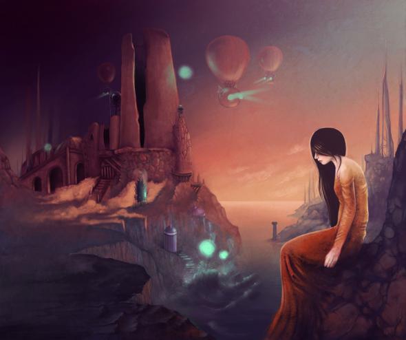 Frau vor einem Felsenschloss der Fantasie