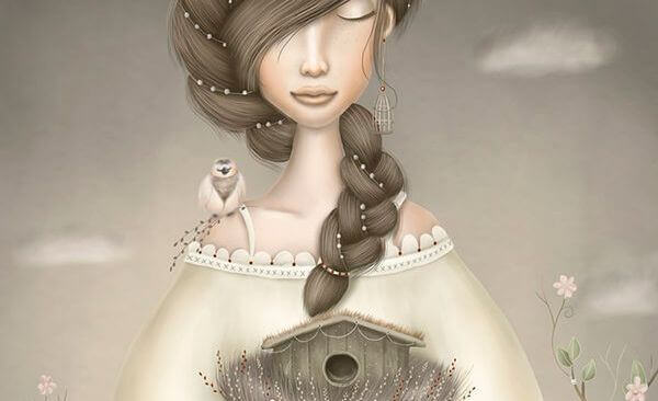 Frau mit Vogelhäuschen