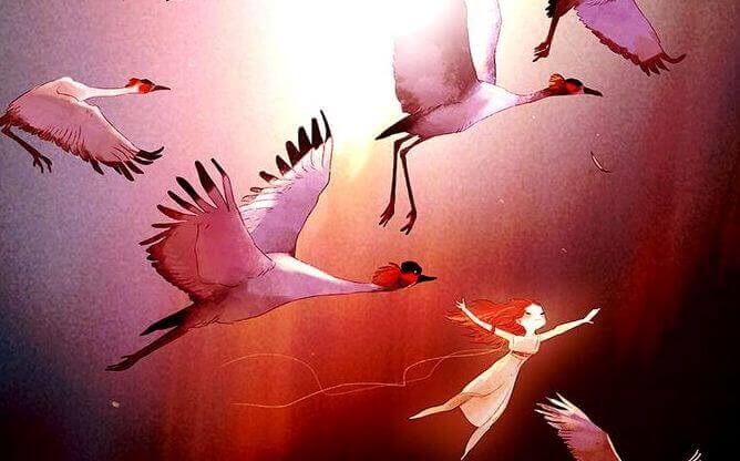 Frau fliegt mit Kranichen