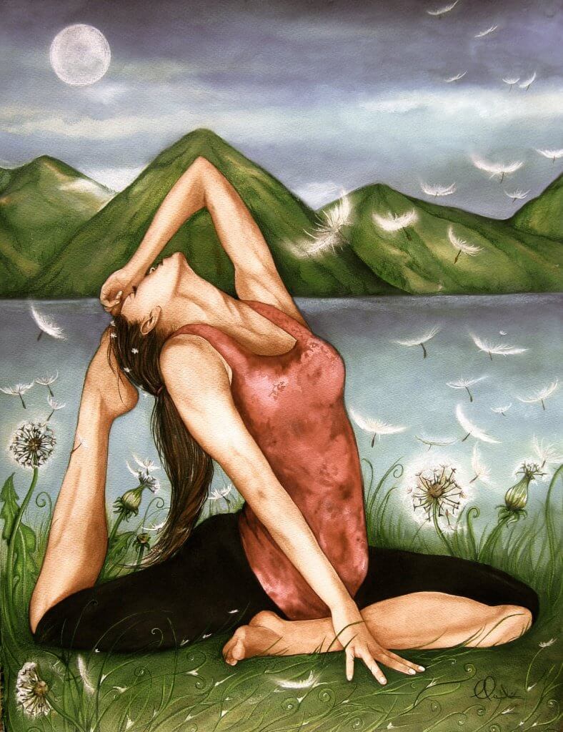 Frau praktiziert Yoga und ist umgeben von Löwenzahn