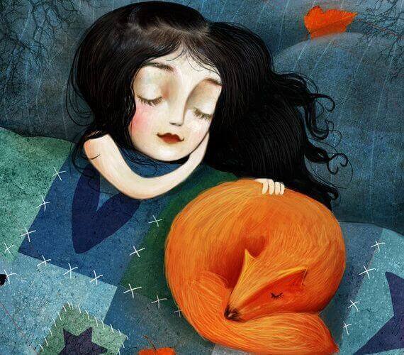 Mädchen und Rotfuchs schlafen