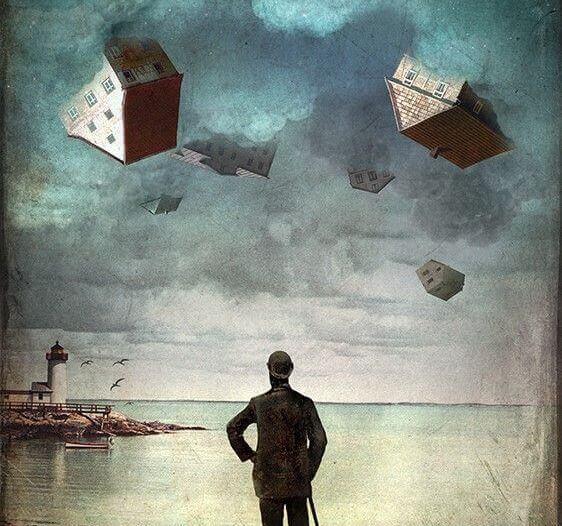 Fliegende Häuser am Himmel