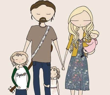Zeichnung einer jungen Familie, die alternativ gekleidet ist 