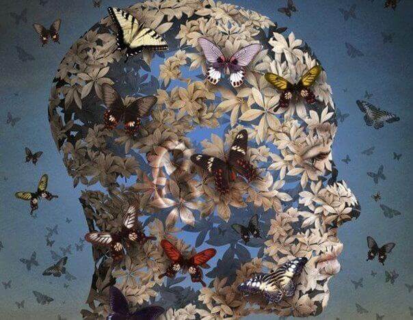 Kopf einer Frau in Schmetterlinge gehuellt