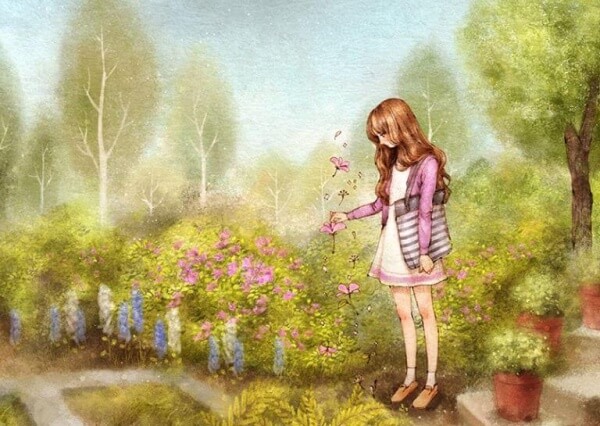 Maedchen-pflueckt-Blumen
