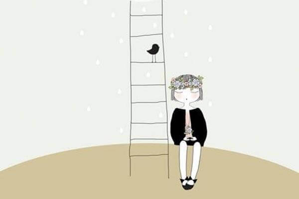 Maedchen sitzt neben Treppe mit Vogel