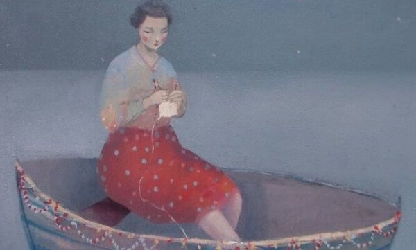 Strickende-Frau-Boot