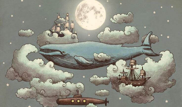 Blauwal zwischen Wolken und Schiffen