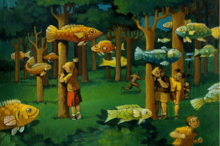 Kinder-spielen-Verstecken-mit-Fischen-im-Wald