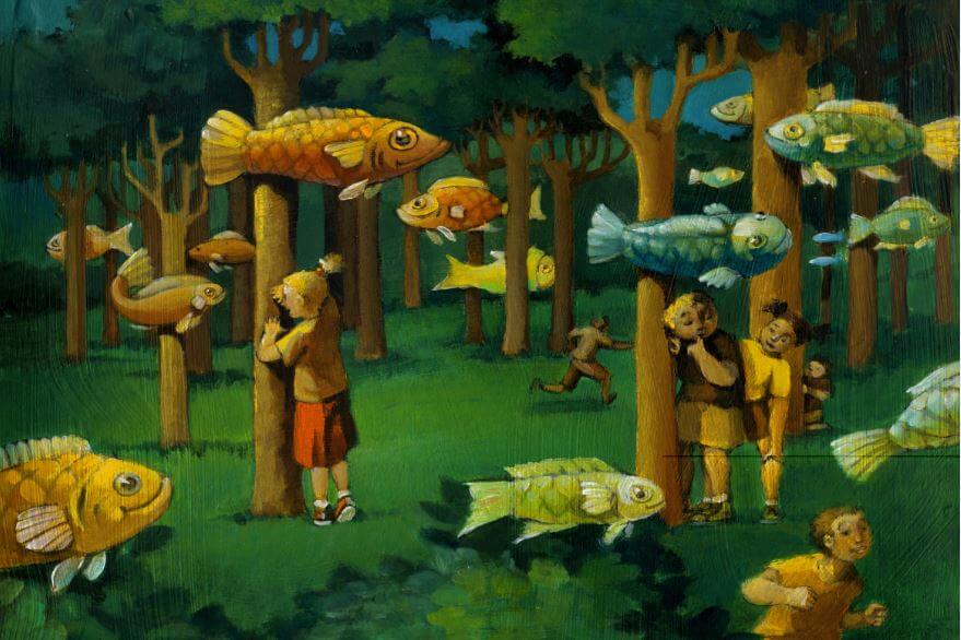Kinder-spielen-Verstecken-mit-Fischen-im-Wald