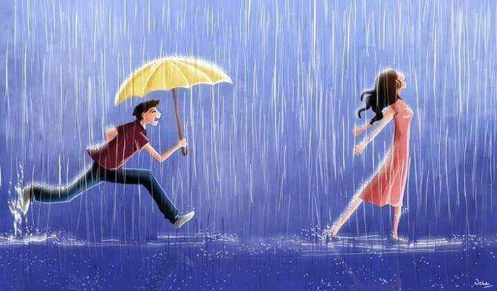 Mann-rennt-mit-Regenschirm-Frau-hinterher