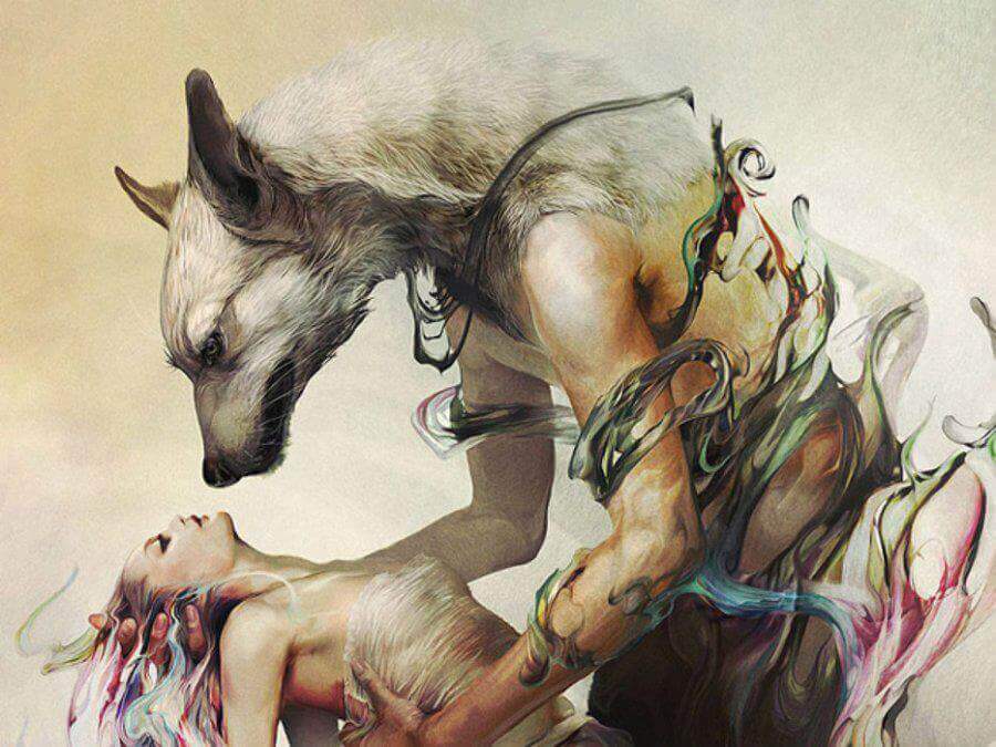 Wolf-haelt-Frau-in-der-Hand