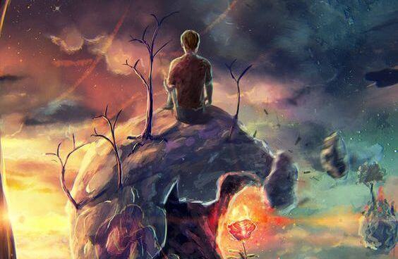 Mann-der-auf-einem-Planeten-sitzt