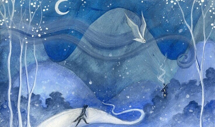 In einer nächtlichen Berglandschaft ist ein einsamer Wanderer unterwegs, um seine Traurigkeit zu verstehen.