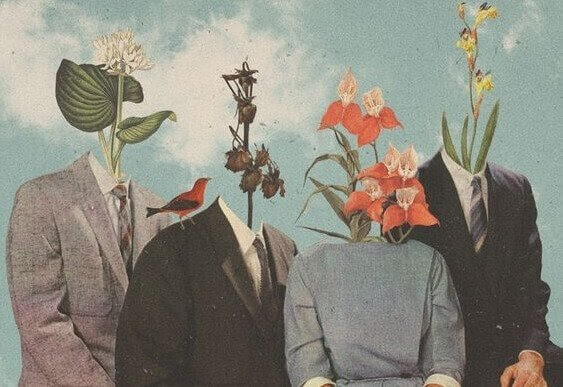 Vier Menschen, die anstelle eines Kopfes Blumen tragen. Symbol, das darauf hindeutet, dass sie psychisch krank sind.