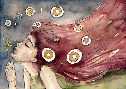 Glückliche Tochter macht Seifenblasen