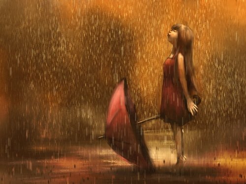 Mädchen mit Schirm im Regen