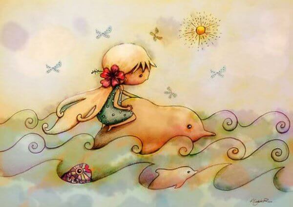 Zeichnung eines Mädchens, das auf einem Delfin durch die Wellen reitet.