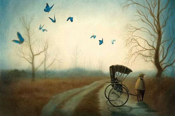 Blaue Schmetterlinge fliegen über einen Weg