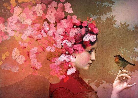 Frau mit rosa Schmetterlingen im Haar und einem Vogel auf der Hand