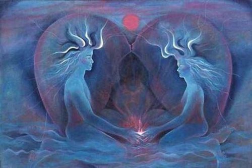 Zwei Seelen, die einander mit den Händen berühren