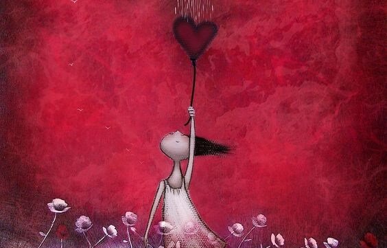 Mädchen, das eine Blume in Form eines Herzens in den Regen hält