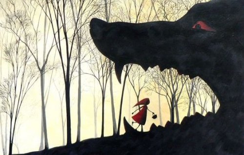 Rotkäppchen, das in das Maul des Wolfs spaziert