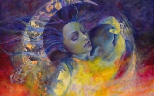 Frau und Kind auf dem Mond